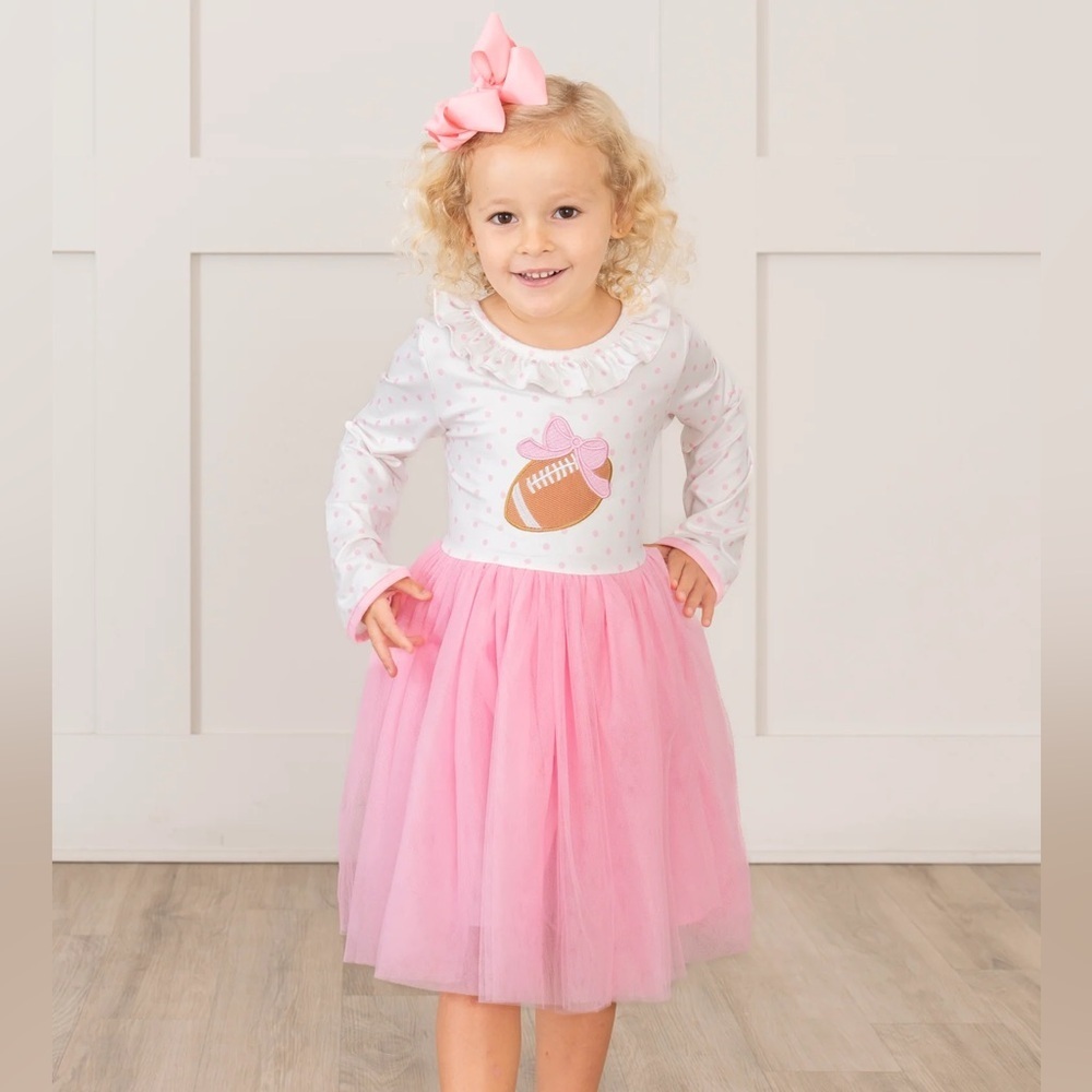 NWT Marie Nicole Girls Size 5 or 6 Pink White Kids Football Long Sleeve Dress - Picture 1 of 6
